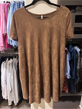 Brown Suede-Look Short Sleeve Swing Dress (POCKETS!!)